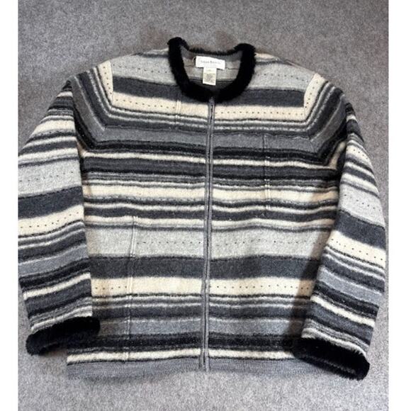 Susan Bristol Sweaters - VTG Susan Bristol Hand Embroidered Wool Cardigan Womens M Striped Neutral Cozy